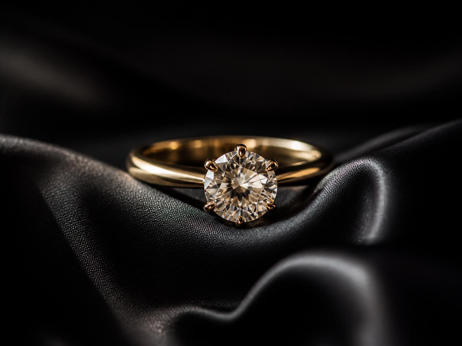 Solitaire diamant serti sur or jaune posé sur soie noire